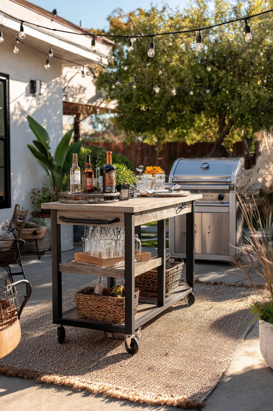 Freestanding wooden prep cart on wheels with open shelving, glass bottles, and woven baskets, set on a jute rug beneath string lights, with a stainless steel grill in the background.