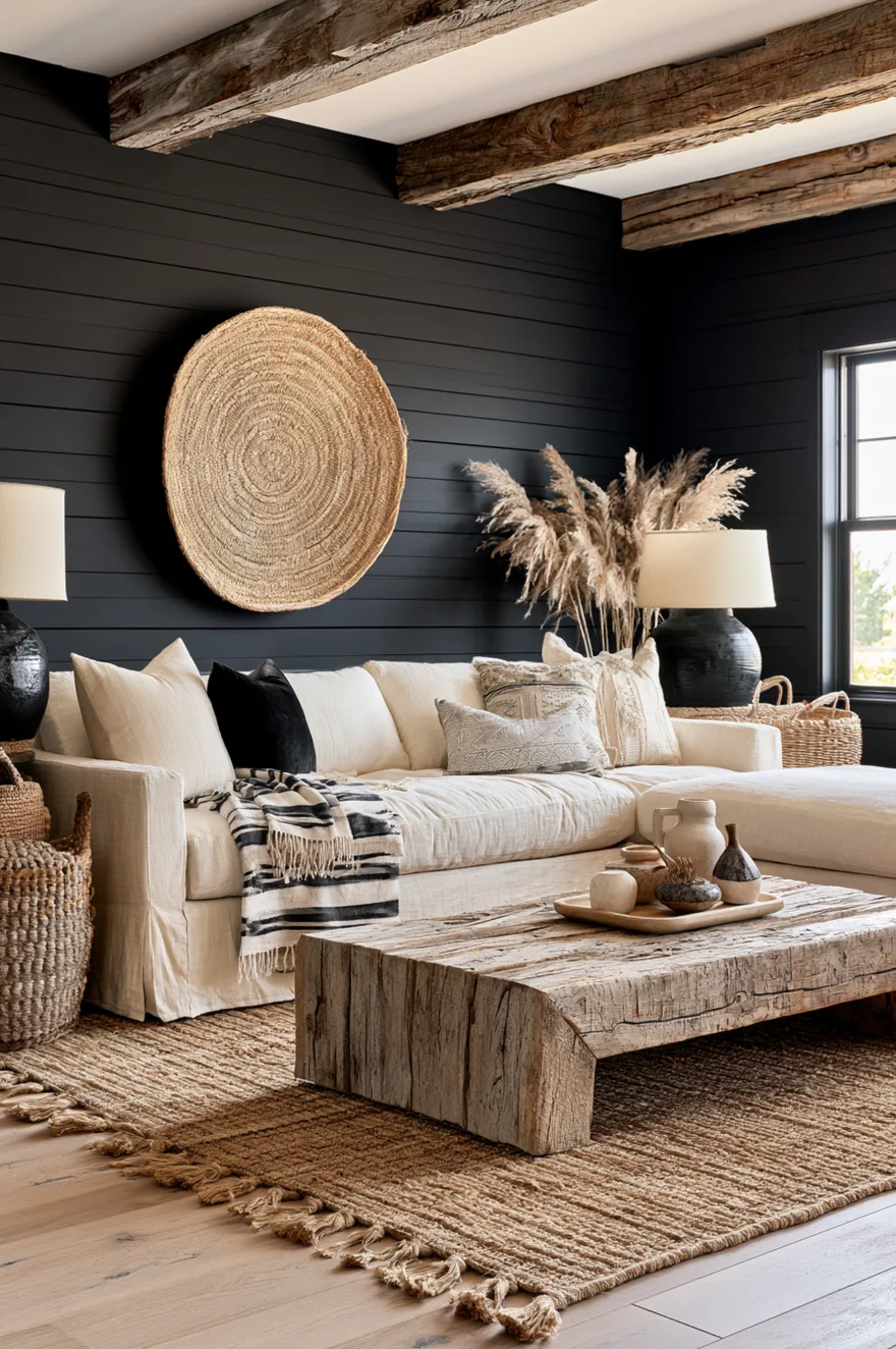 Horizontal matte black shiplap wall with a massive round woven jute wall medallion and casual white linen slipcovered sofa.