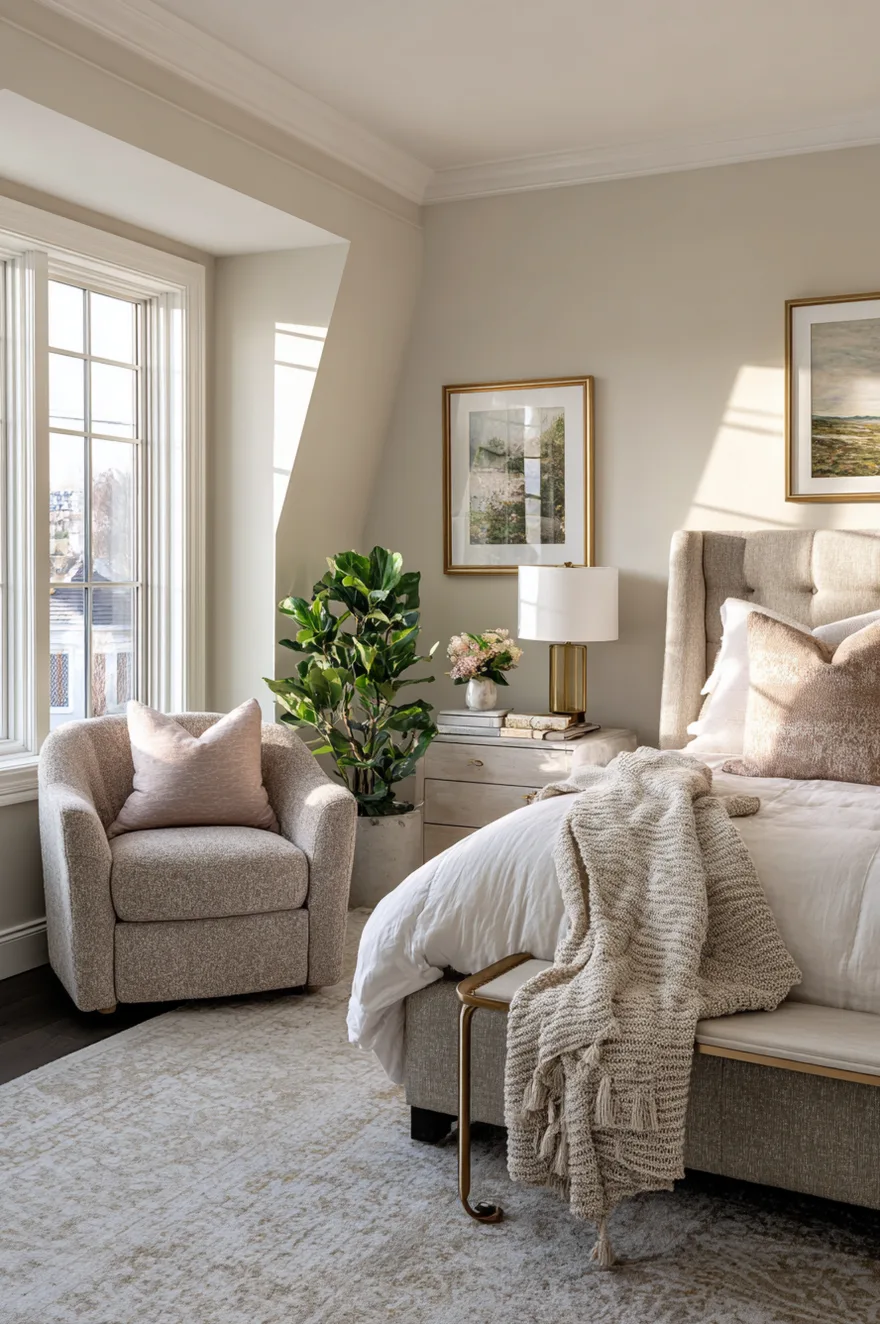 Spacious master bedroom featuring a cozy reading nook with a swivel armchair and floor lamp near the window.