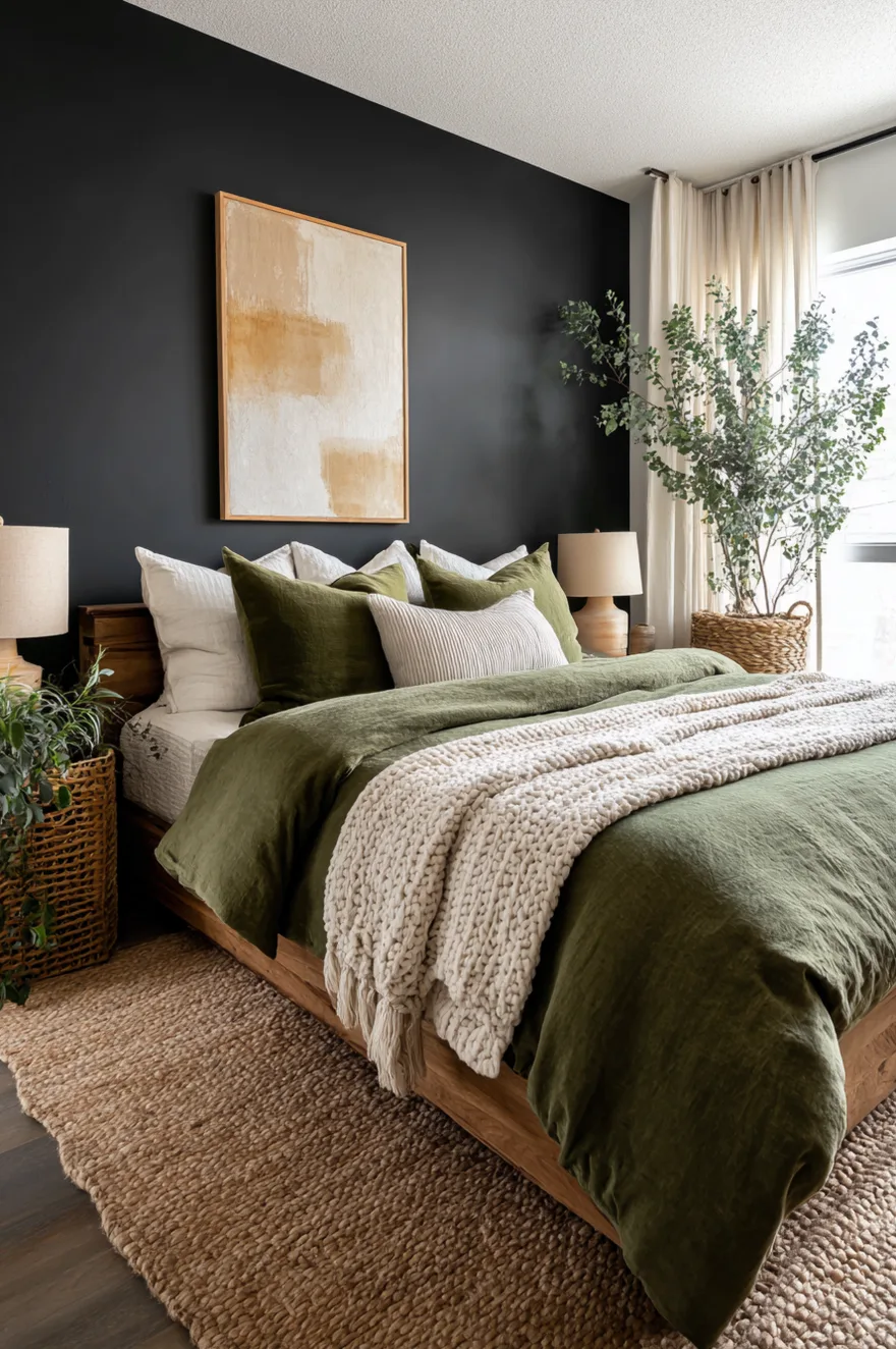 A bedroom with a matte black accent wall behind a wood bed frame styled with an olive green linen duvet, a cream chunky blanket, neutral pillows, and a large potted plant near the window.