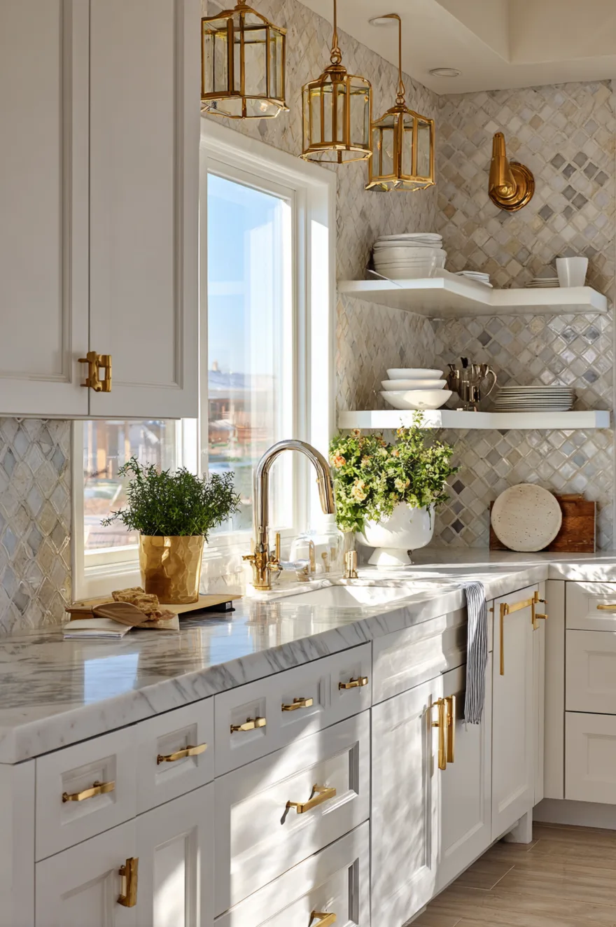 Bright kitchen featuring white cabinetry adorned with heavy, intricate brass pulls. A sleek brass faucet sits at the sink against a shimmering geometric backsplash made of diamond-shaped pearlescent and grey tiles. Three brass lantern-style pendant lights hang above the white marble countertops, illuminating potted greenery and white ceramics.