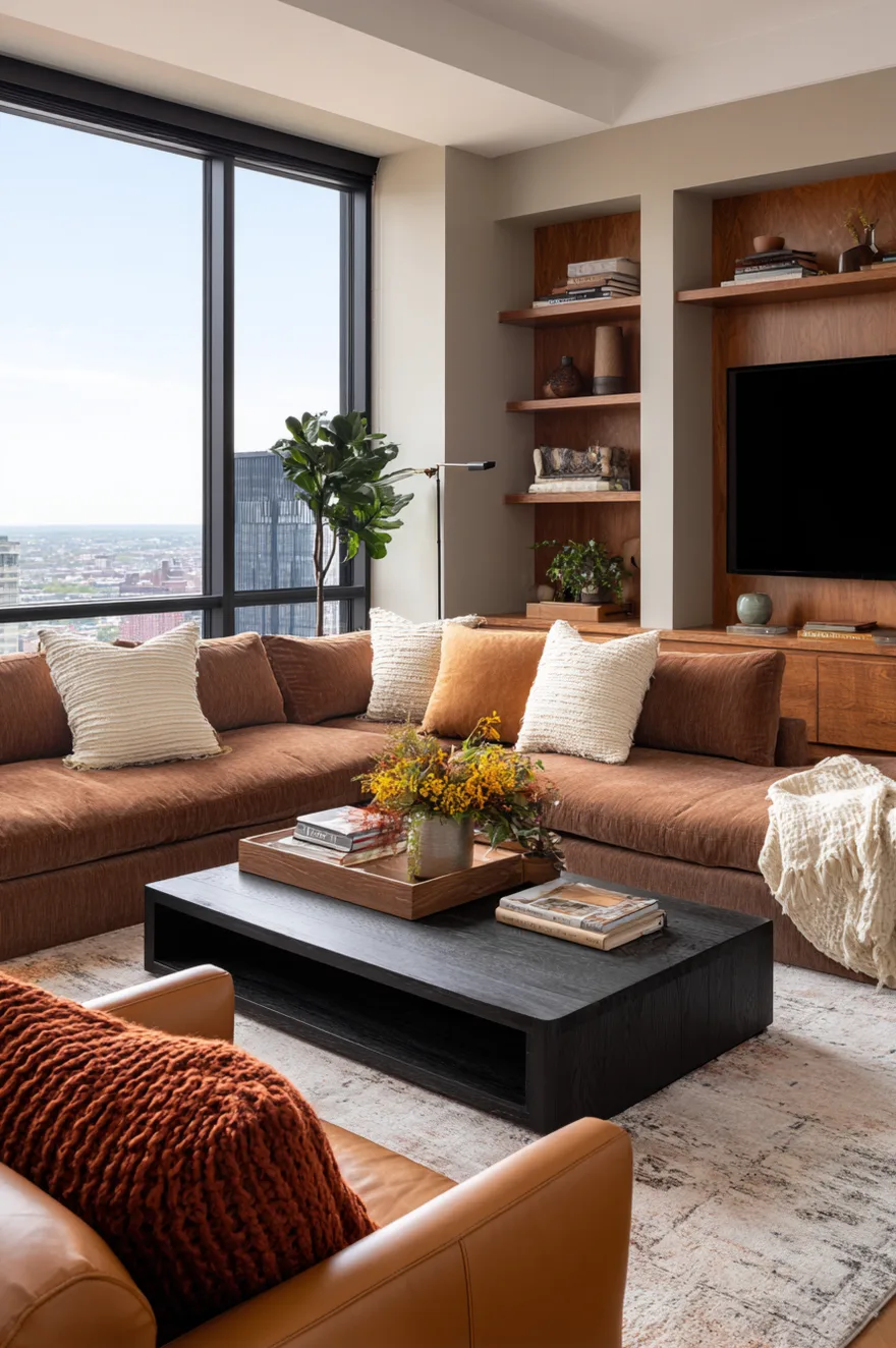 A symmetrical living room layout with a brown sofa facing two cream accent chairs across a large square wood coffee table, all anchored by a large patterned area rug.