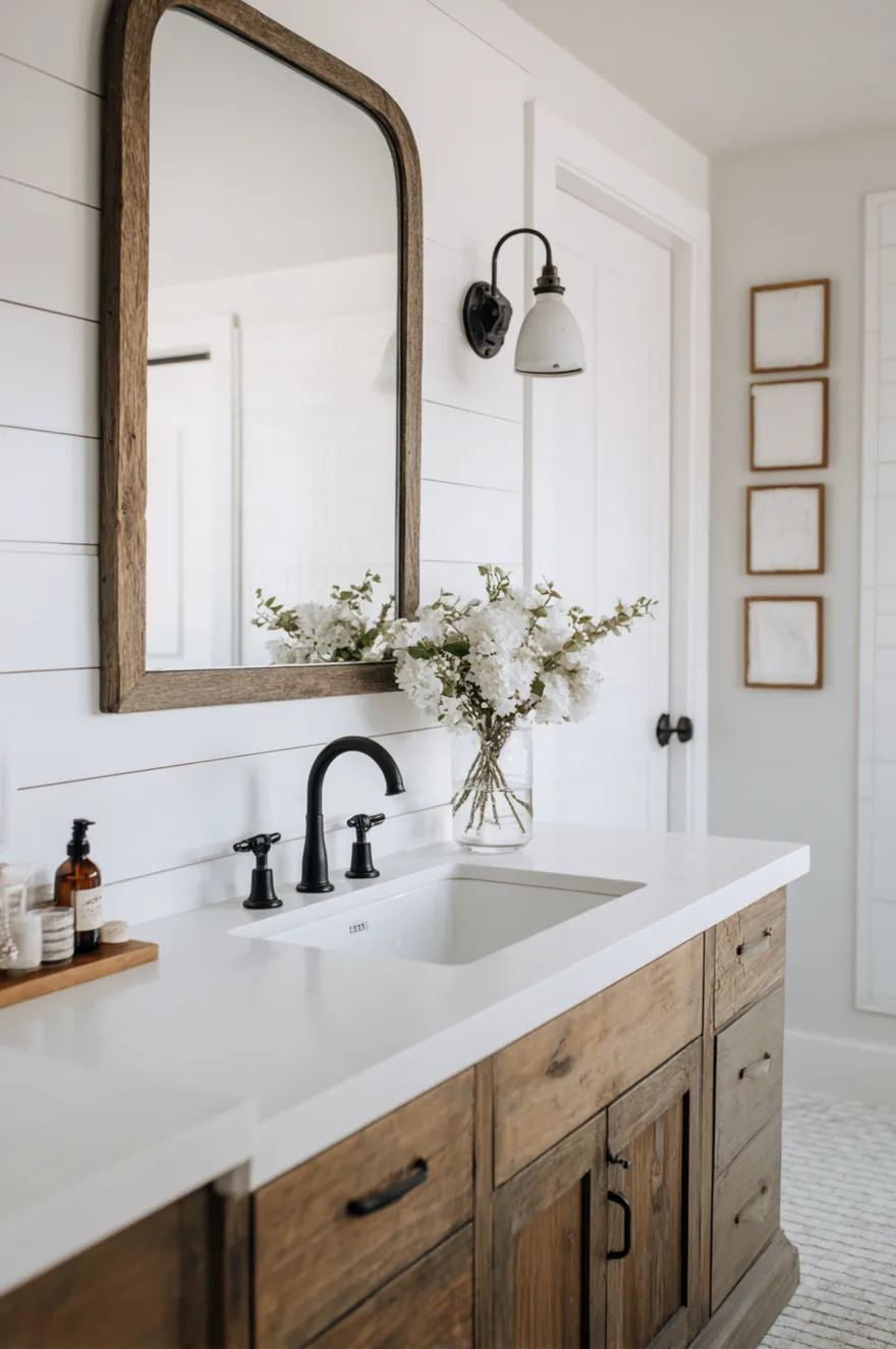 A small farmhouse bathroom with white shiplap walls, a light wood vanity with a white counter, matte black faucets, a wood framed mirror, and a clear vase with white flowers.
