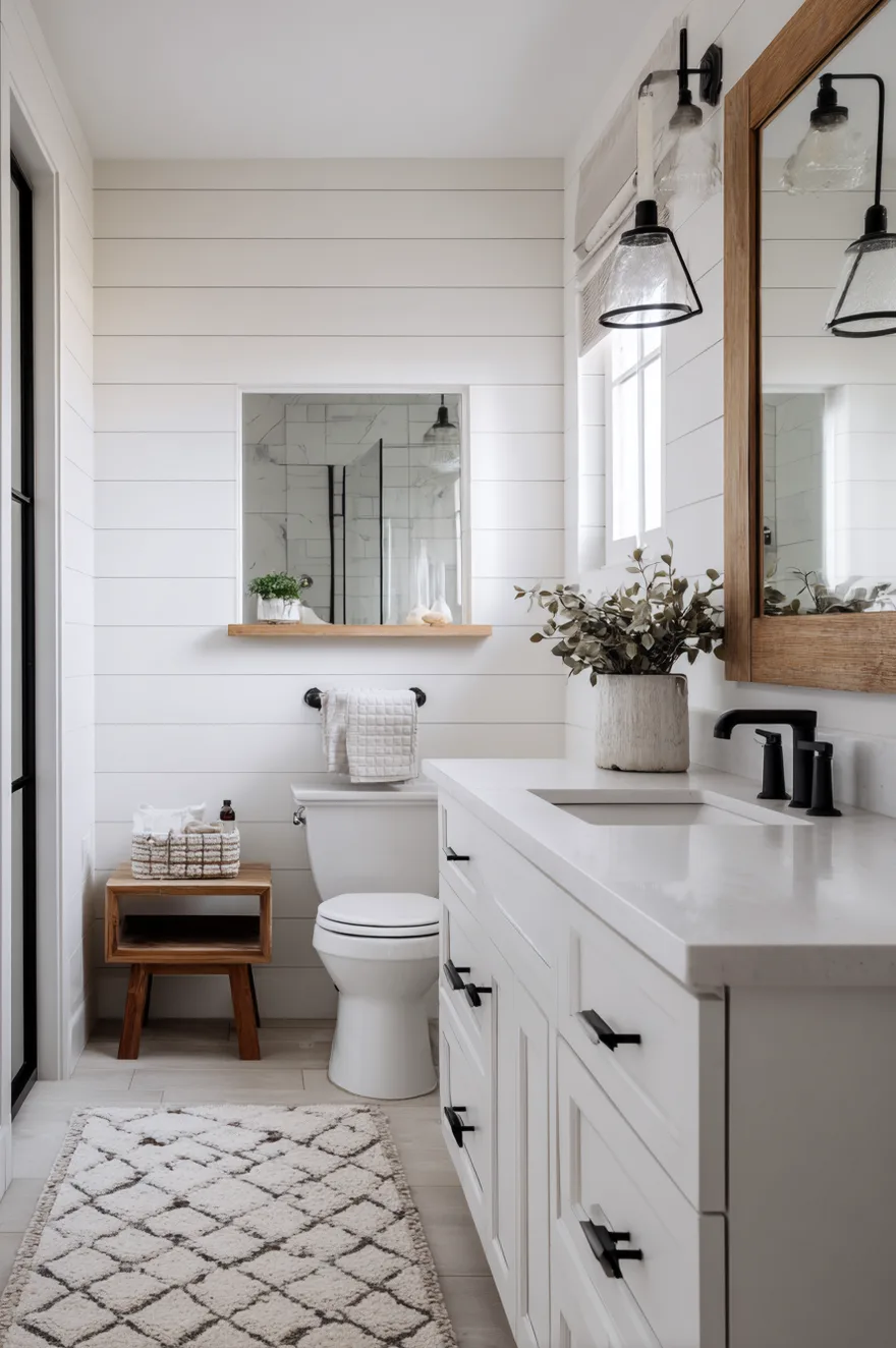 A bright bathroom with white shiplap walls, a white vanity with black drawer pulls, a black faucet, a wood framed mirror, a small wood side table, and a black framed shower door.