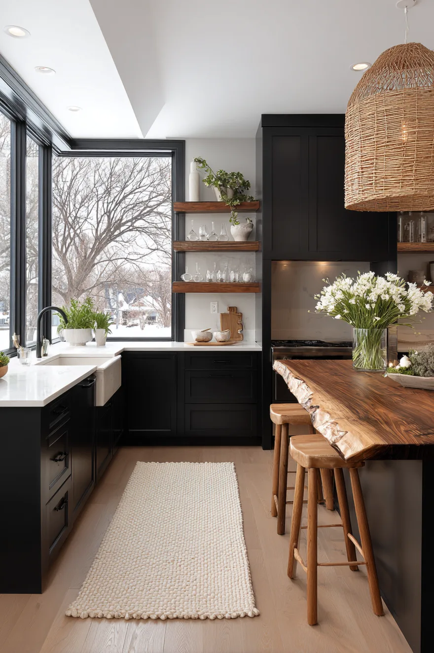 A modern kitchen featuring dark charcoal cabinets, white perimeter countertops, and a striking dark live edge wood peninsula with wooden stools. A large woven rattan pendant light hangs above the peninsula, while open wood shelves and large black framed windows complete the bold design.