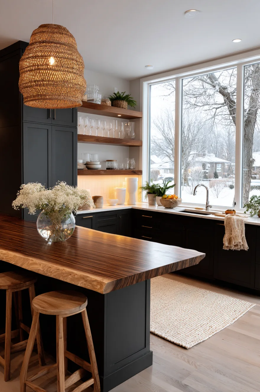 A dark charcoal modern kitchen with a large window looking out onto a snowy landscape. A dark live edge wood peninsula displaying a vase of white flowers sits under a woven rattan pendant light, next to perimeter cabinets with white countertops and illuminated wood floating shelves.