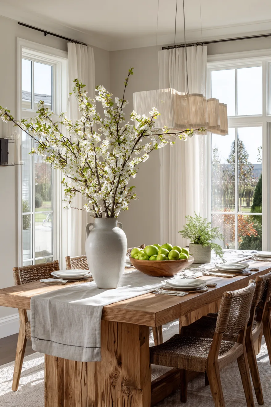 Close up of a dining table styled simply with a large glass vase of branches and a textured linen runner.
