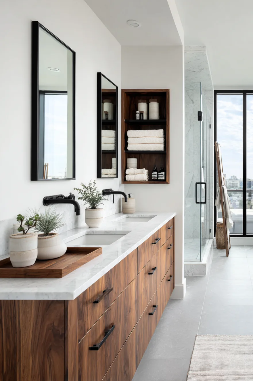 A contemporary bathroom featuring large grey floor tiles, a sleek white freestanding tub, and a glass-enclosed shower area.
