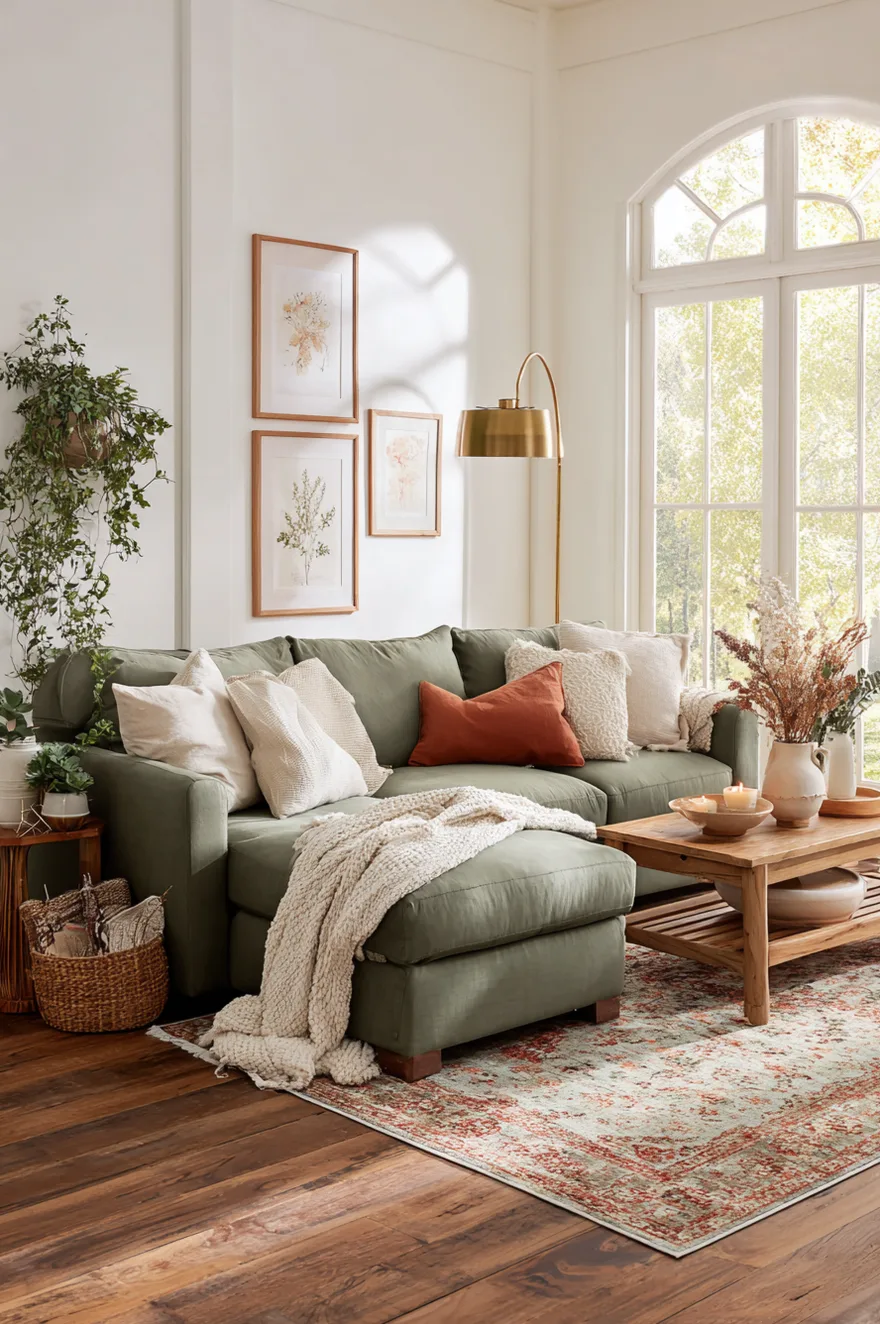 An olive green sectional sofa styled with neutral pillows and a cream blanket, sitting on a vintage patterned rug next to a rustic wood coffee table and framed botanical art prints.