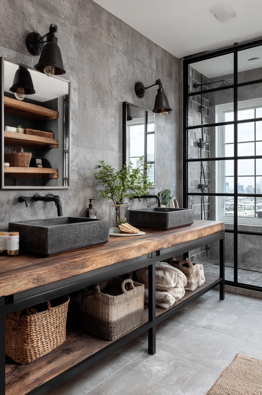 An industrial-style bathroom featuring a vanity with a thick rustic wood top and a black metal frame base. Two dark grey rectangular stone sinks sit beneath black wall-mounted faucets. The walls are covered in large-format concrete-look grey tiles, with black industrial sconces and a black metal grid shower door nearby.