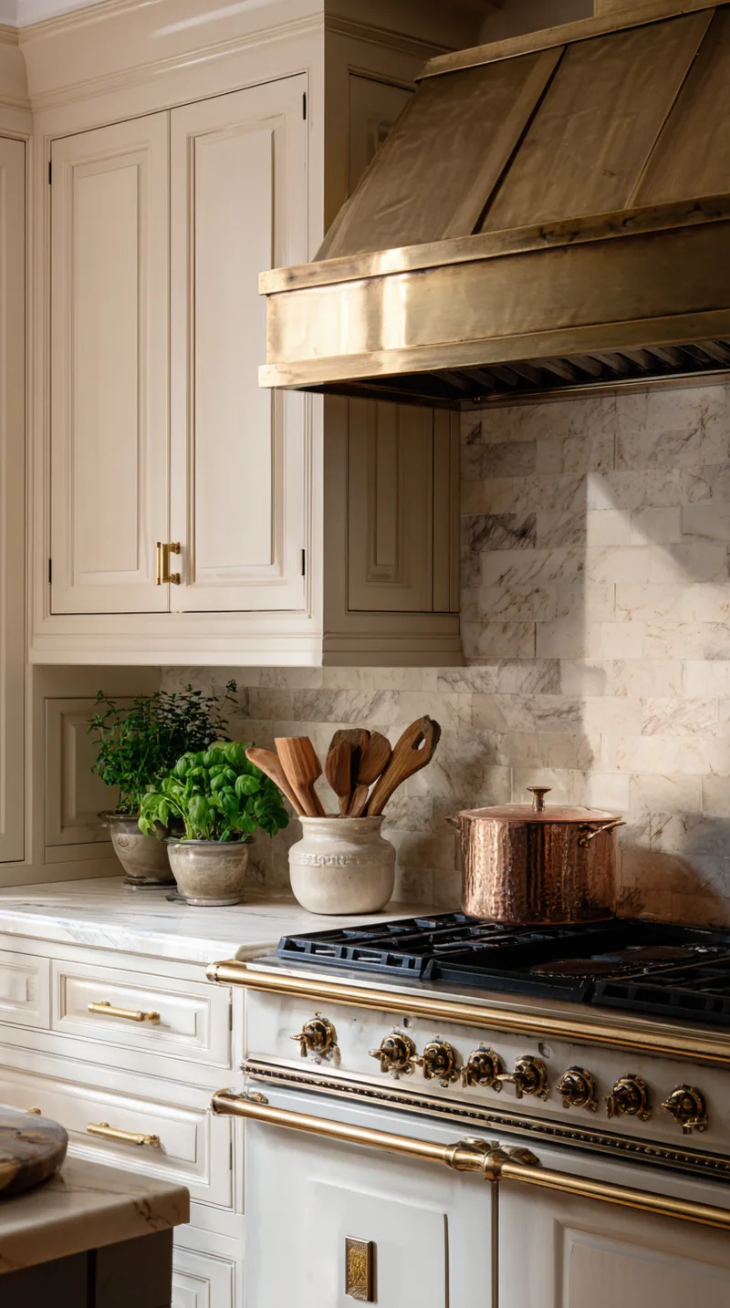 Custom brass range hood in a luxury marble kitchen featuring a French range and mixed metal pot filler.