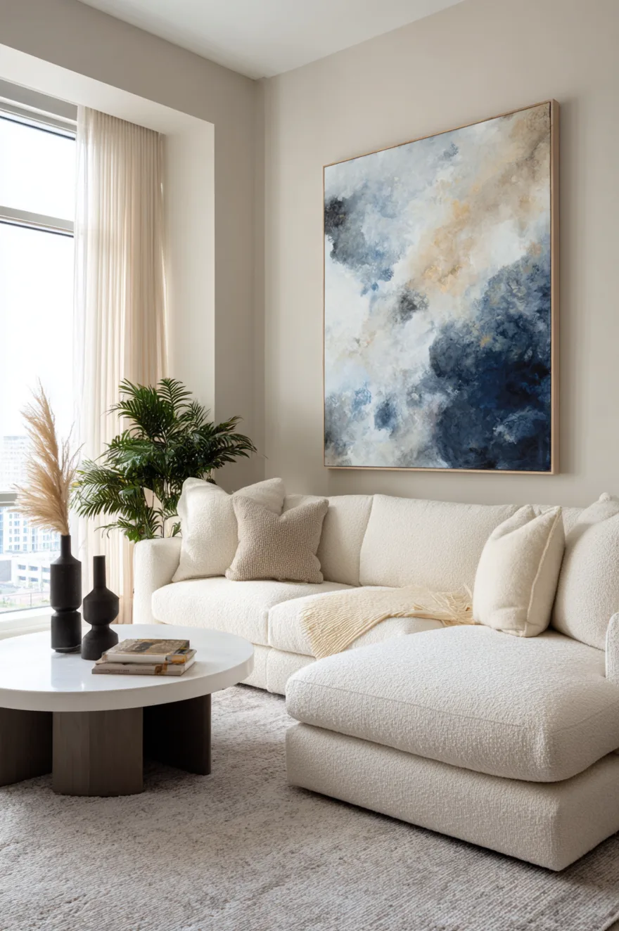 A light grey textured living room rug serving as a neutral foundation below a white sofa and a large, bold blue and gold abstract painting.