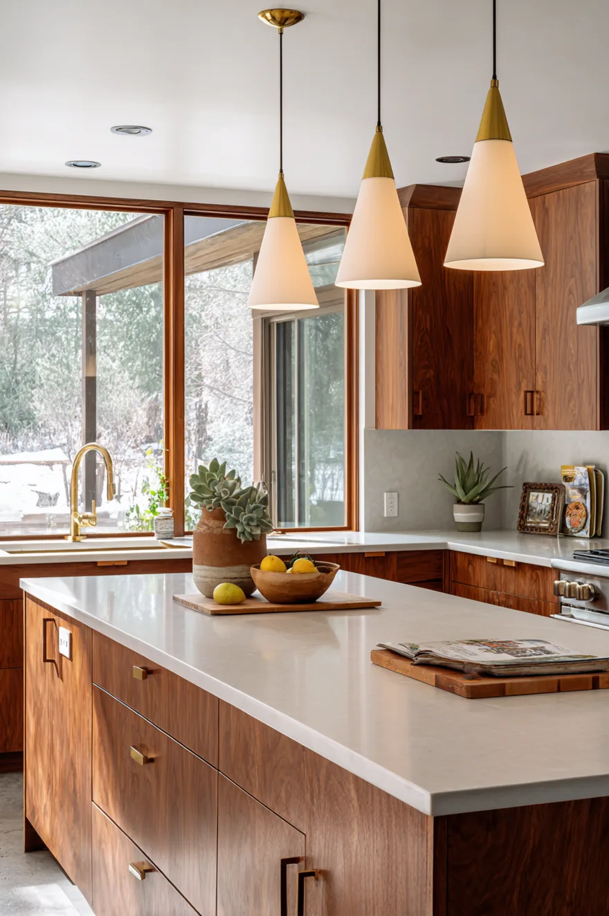 White cone shaped mid century kitchen pendant lights over island with gold and wood accents.