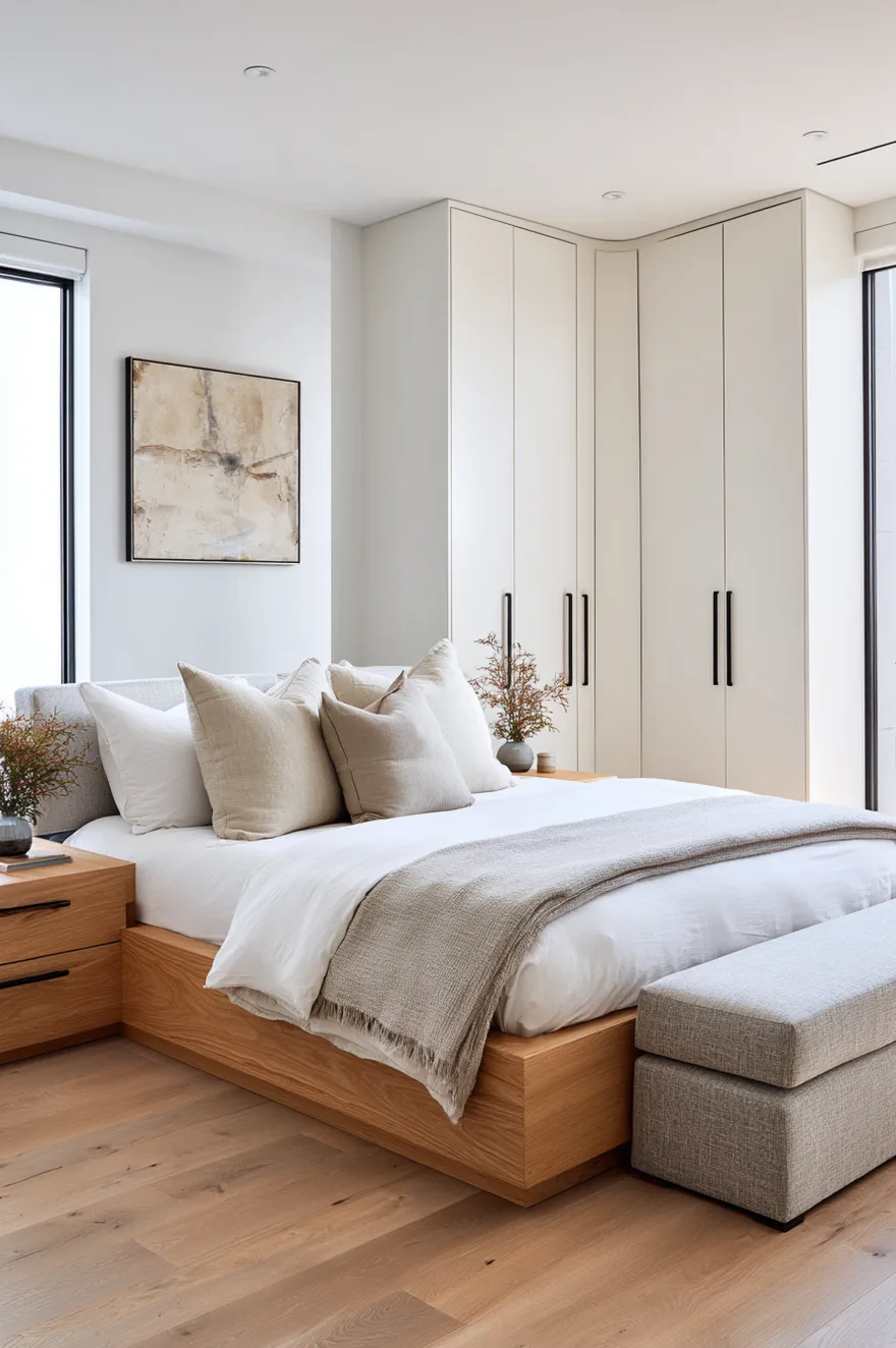 Bright modern bedroom featuring floor-to-ceiling white built-in wardrobes with long black handles. A light oak platform bed and matching nightstands are dressed with white and beige linens and a light grey throw blanket. A grey upholstered bench sits at the foot of the bed near minimalist black reading lights.