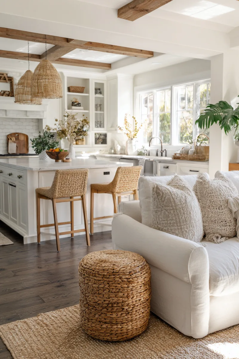 Rustic modern open kitchen and living room decor ideas with texture balance using woven bar stools and linen sofas.