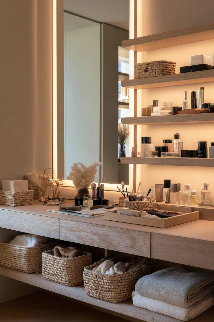 A warm, lit vanity area featuring light wood construction. A wide mirror with side lighting is positioned next to several wooden open shelves displaying neatly arranged skincare and beauty products. The main counter holds makeup brushes and trays, while the lower shelf contains woven baskets filled with white towels.