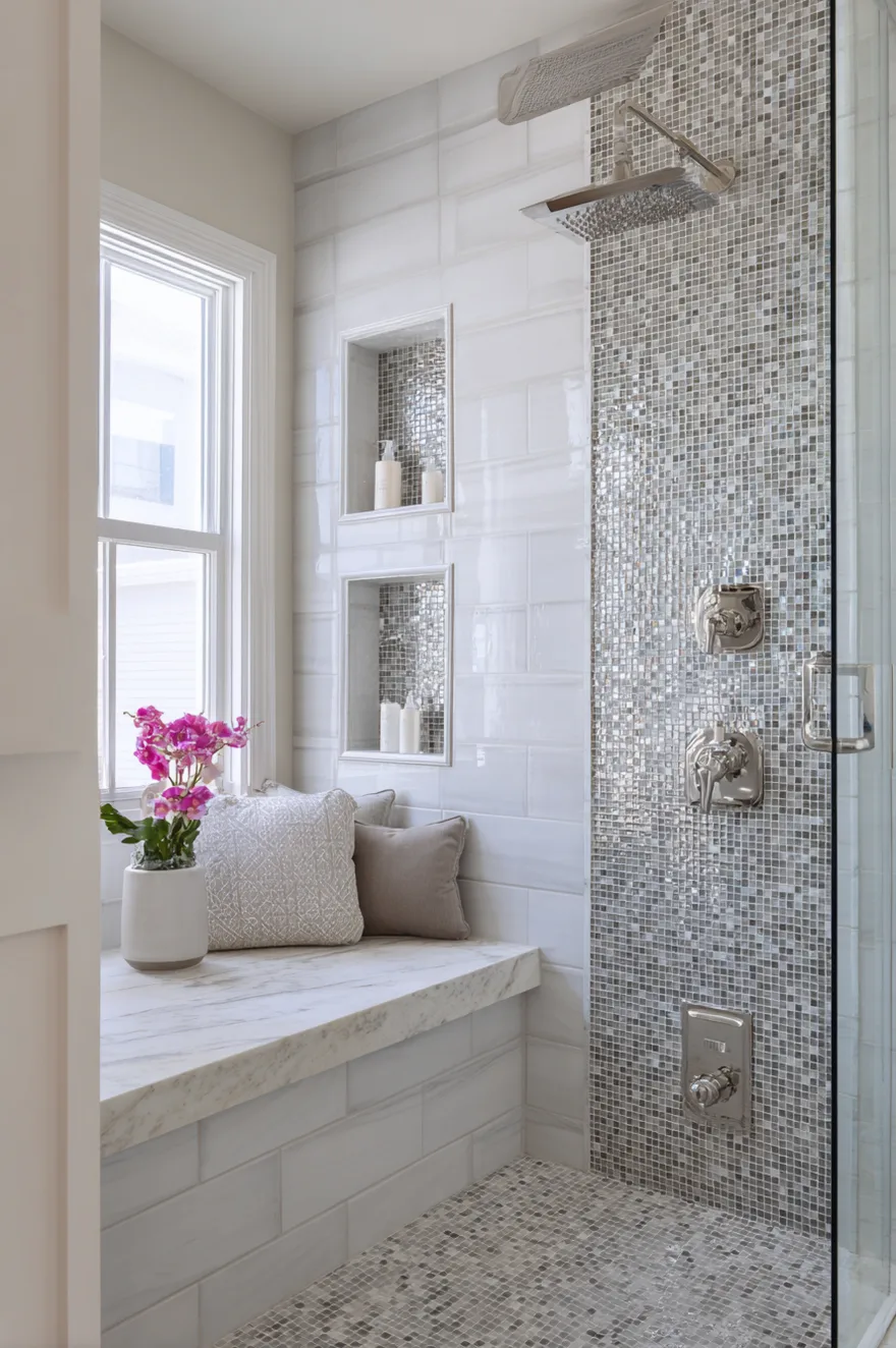 A luxurious shower space featuring a white marble bench beneath a window, dual built-in wall niches, and a striking accent wall made of silver metallic mosaic tiles behind chrome shower fixtures.