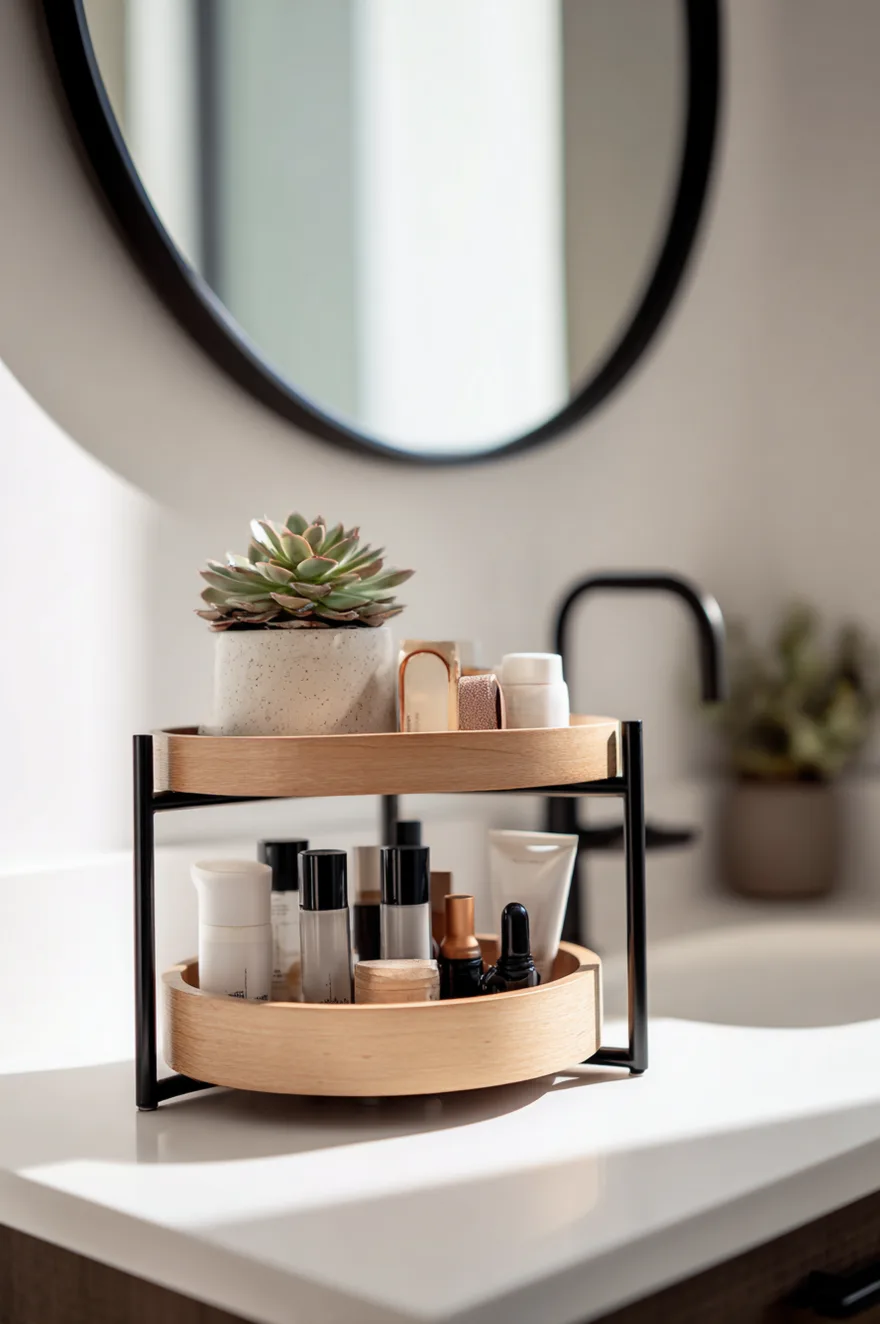 A two-tiered circular wooden organizer with a black metal frame sitting on a white bathroom counter. The bottom wooden tray holds various small skincare tubes, bottles, and cosmetics. The top tray holds a small potted succulent and additional cosmetic items. A round black mirror hangs on the wall behind it.