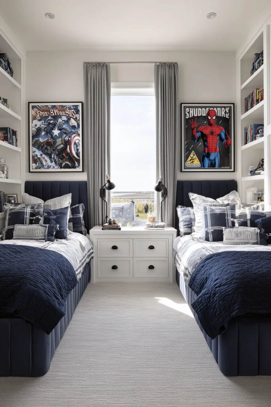 A beautifully organized shared boys bedroom featuring two white twin beds placed symmetrically against a light grey wall, with a small white nightstand and a brass table lamp centered between them.