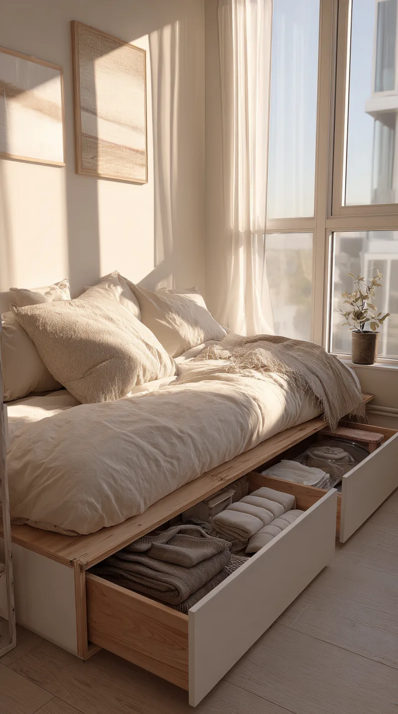 Modern wooden bed frame with built-in pull-out drawers filled with folded clothes.