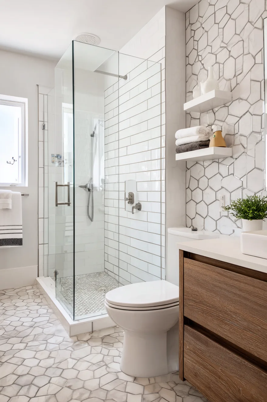 A bathroom featuring a glass enclosed shower with white subway tiles, a floor with small hexagon tiles, and an adjacent wall covered in large marble hexagon tiles with white floating shelves.