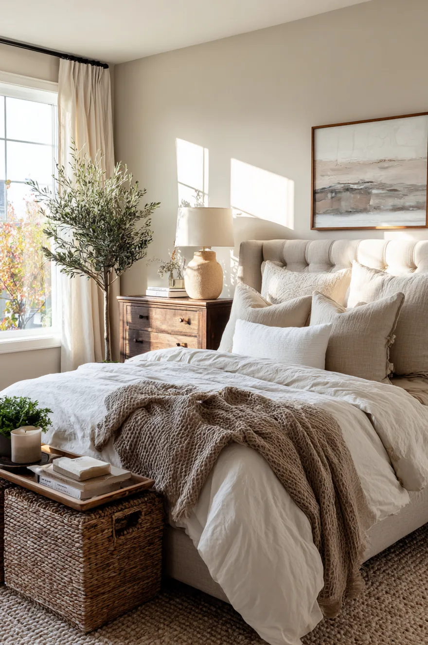 A sunlit bedroom with a beige tufted headboard and light neutral walls. The bed is dressed in layered white and beige crinkle linens with a brown woven throw. A faux olive tree stands by the window near a dark wood dresser.