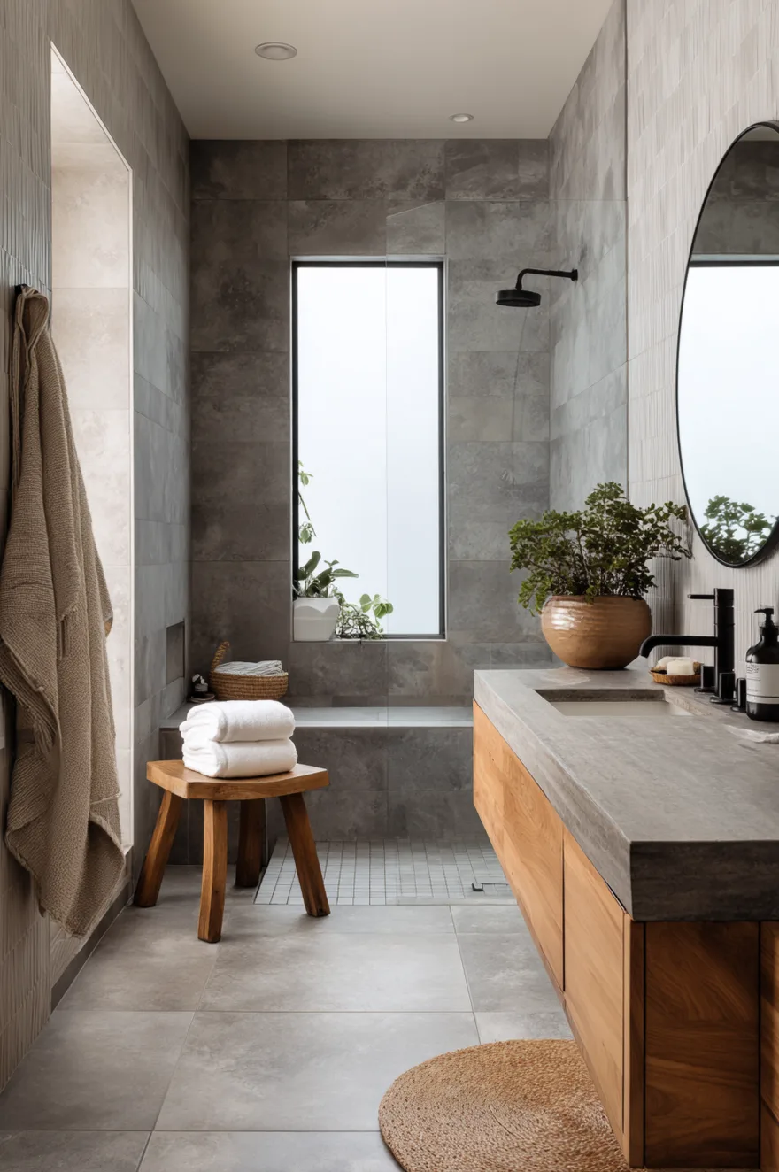 A serene bathroom completely wrapped in large-format, mottled grey stone tiles on both the floor and walls. A floating vanity made of warm wood with a concrete countertop holds a matte black faucet. A small rustic wood stool sits next to the glass-enclosed shower, which features a tall, narrow window.