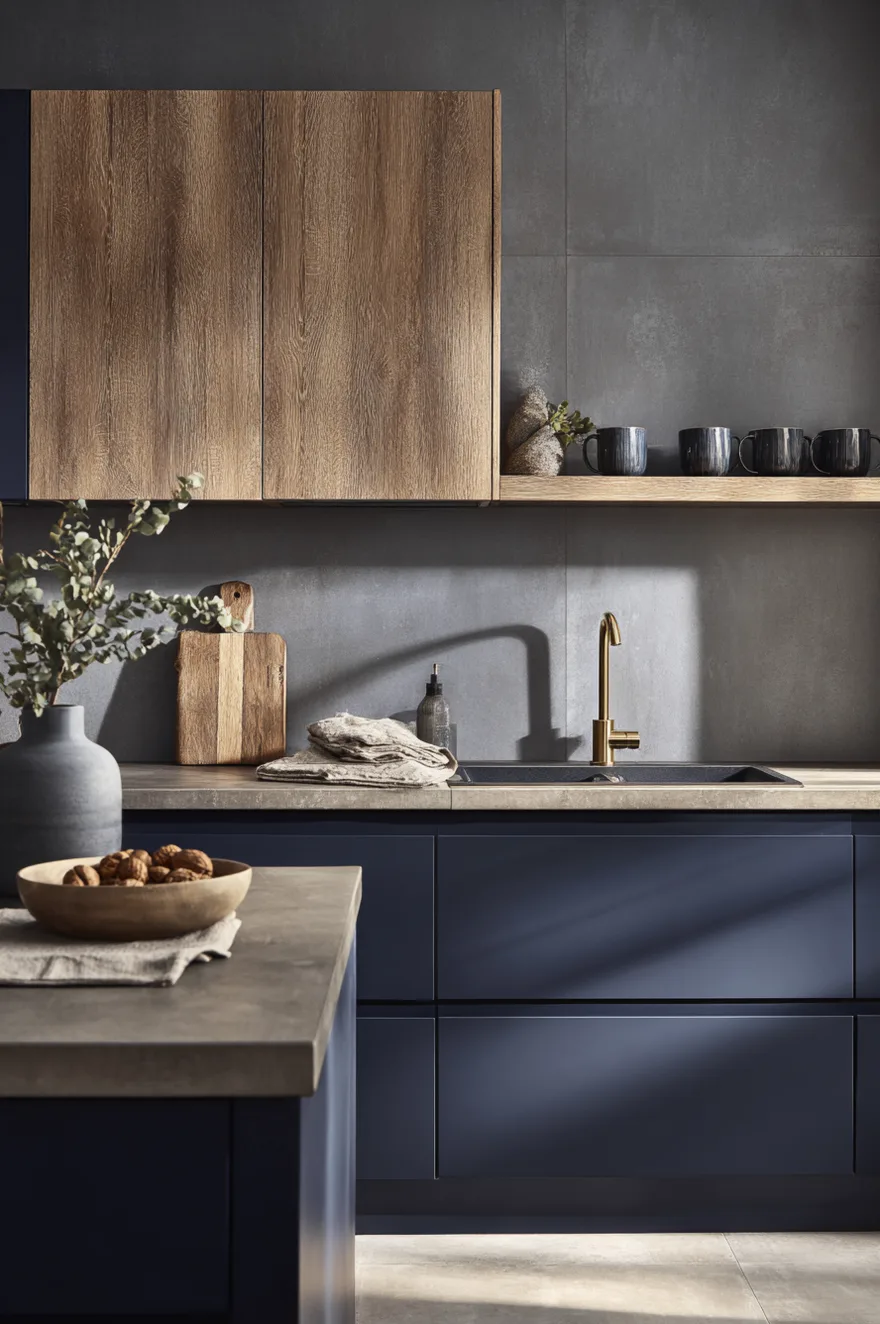 Warm grey tile kitchen floor in large 32x32 format with subtle texture beside deep navy lower cabinets, raw oak upper cabinets, and a brushed brass tap in soft afternoon light.