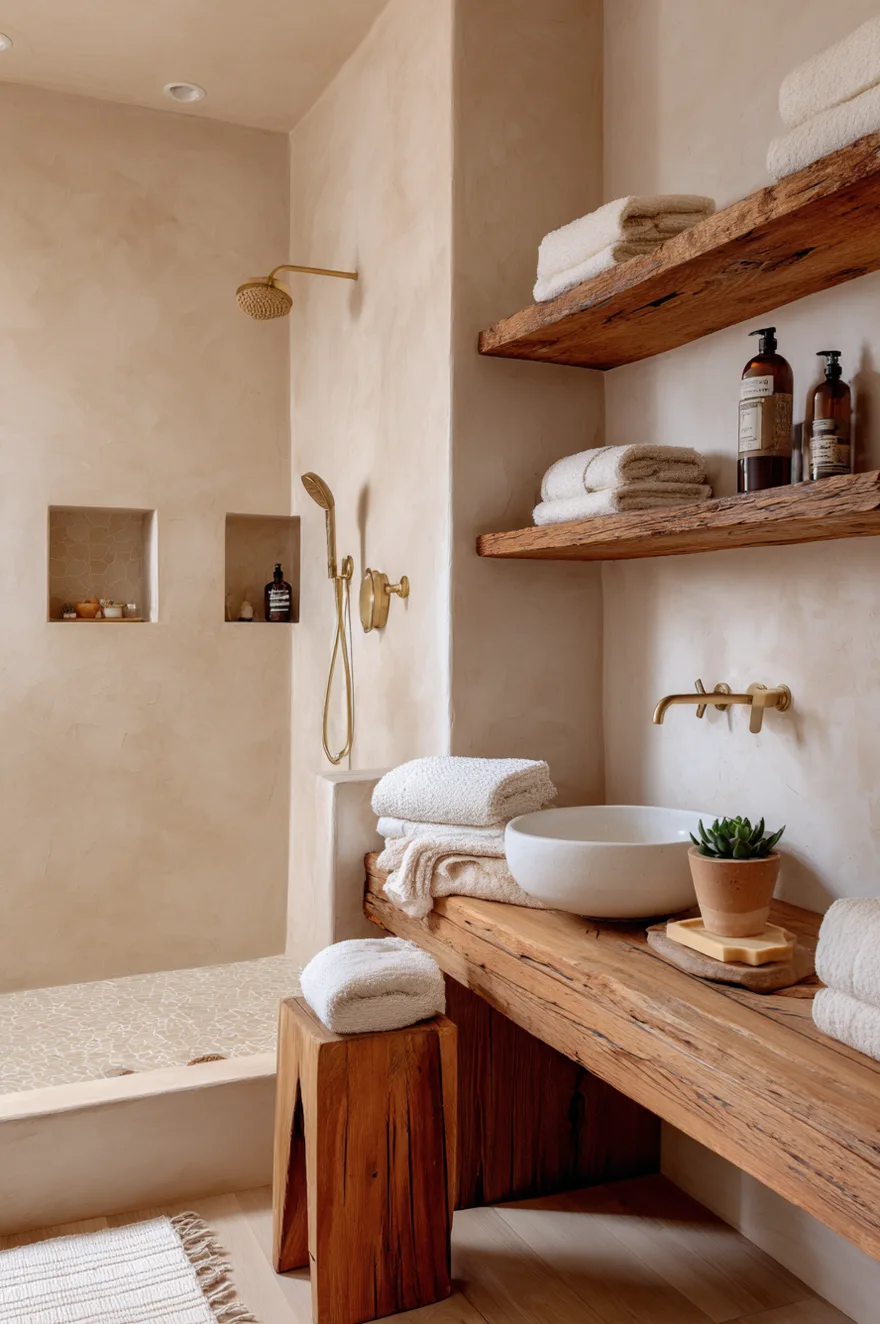 Warm neutral bathroom with a teak shower bench, reclaimed pine open shelving holding white towels and ceramic bottles, and a cedar soap dish on the shower ledge against warm greige plaster walls.