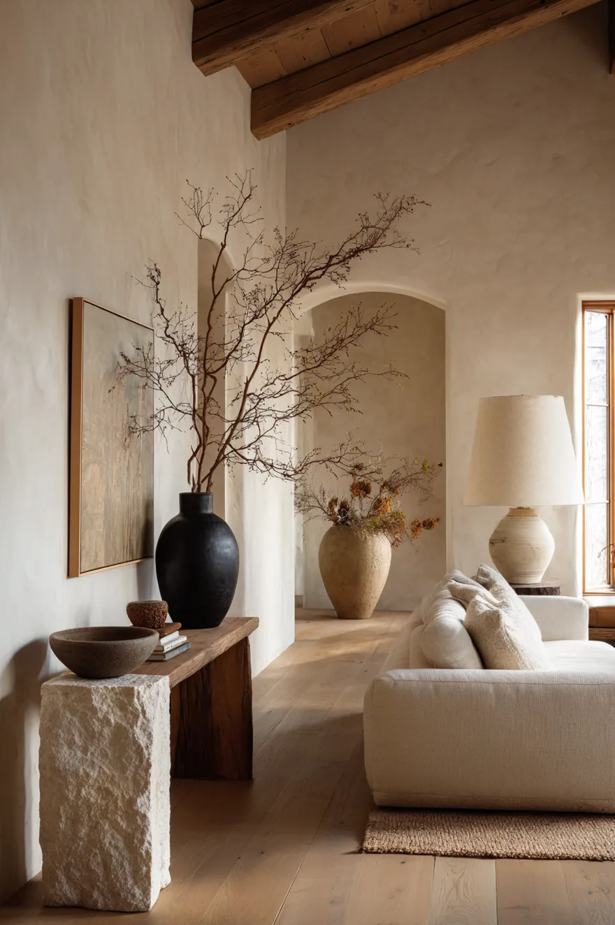 Organic modern console styled with a rough travertine bookend, a hand-coiled clay bowl, and a twisted branch in a concrete vessel on warm wide-plank oak floors.
