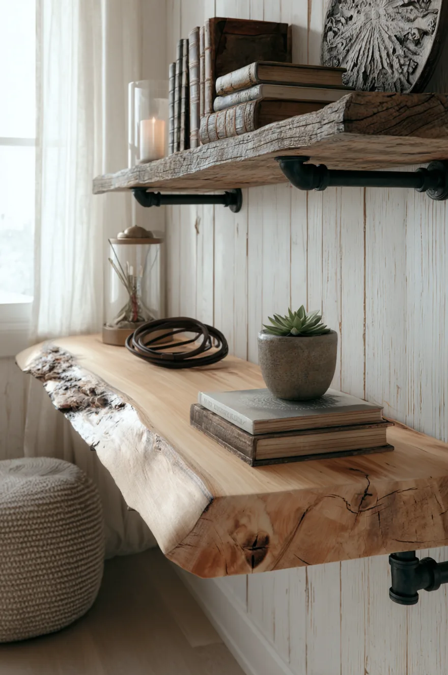 Live-edge maple slab shelf on black iron pipe brackets against whitewashed shiplap with vintage hardcover books, a succulent in a clay pot, and a coiled leather strap.