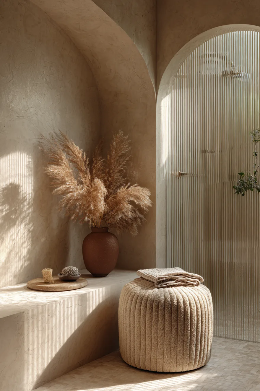 Organic modern bathroom with an arched shower niche, fluted glass partition, warm sand Venetian plaster walls, and a bouclé upholstered stool beside a ceramic vase with dried pampas grass.