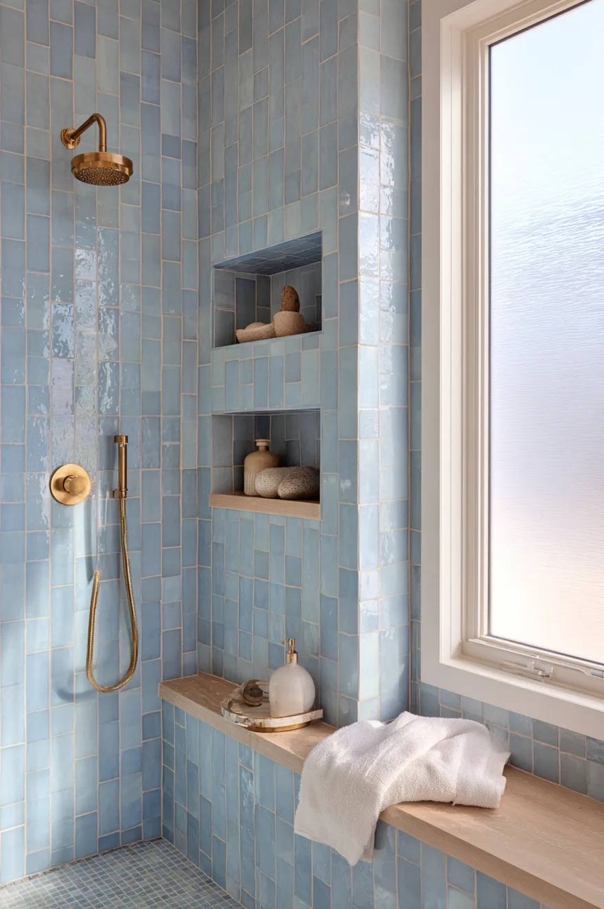 Full-height floor-to-ceiling recessed shower niche with light oak shelves and brushed brass faucet set against soft blue subway tile in a spa shower bathroom.
