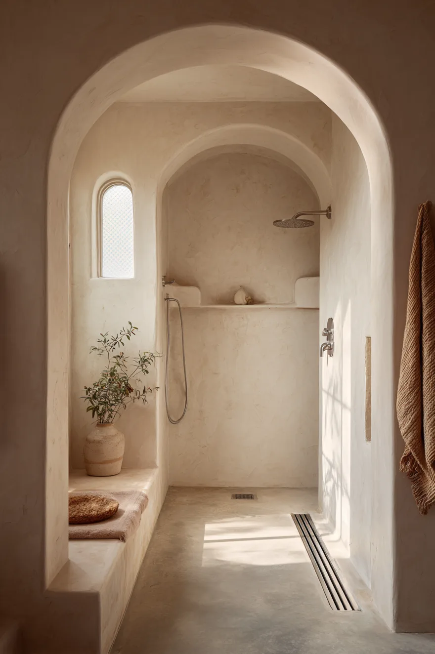 Doorless walk in shower with curbless entry, sand-toned linen plaster walls, concrete floor, chrome linear drain, and an arched window above.