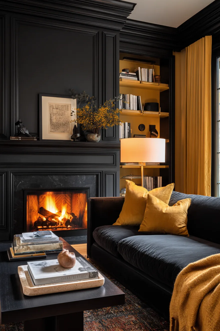 Matte black plaster fireplace wall alongside goldenrod yellow painted millwork and built-in shelving with a charcoal velvet sofa and brass lamp in an intimate evening living room.
