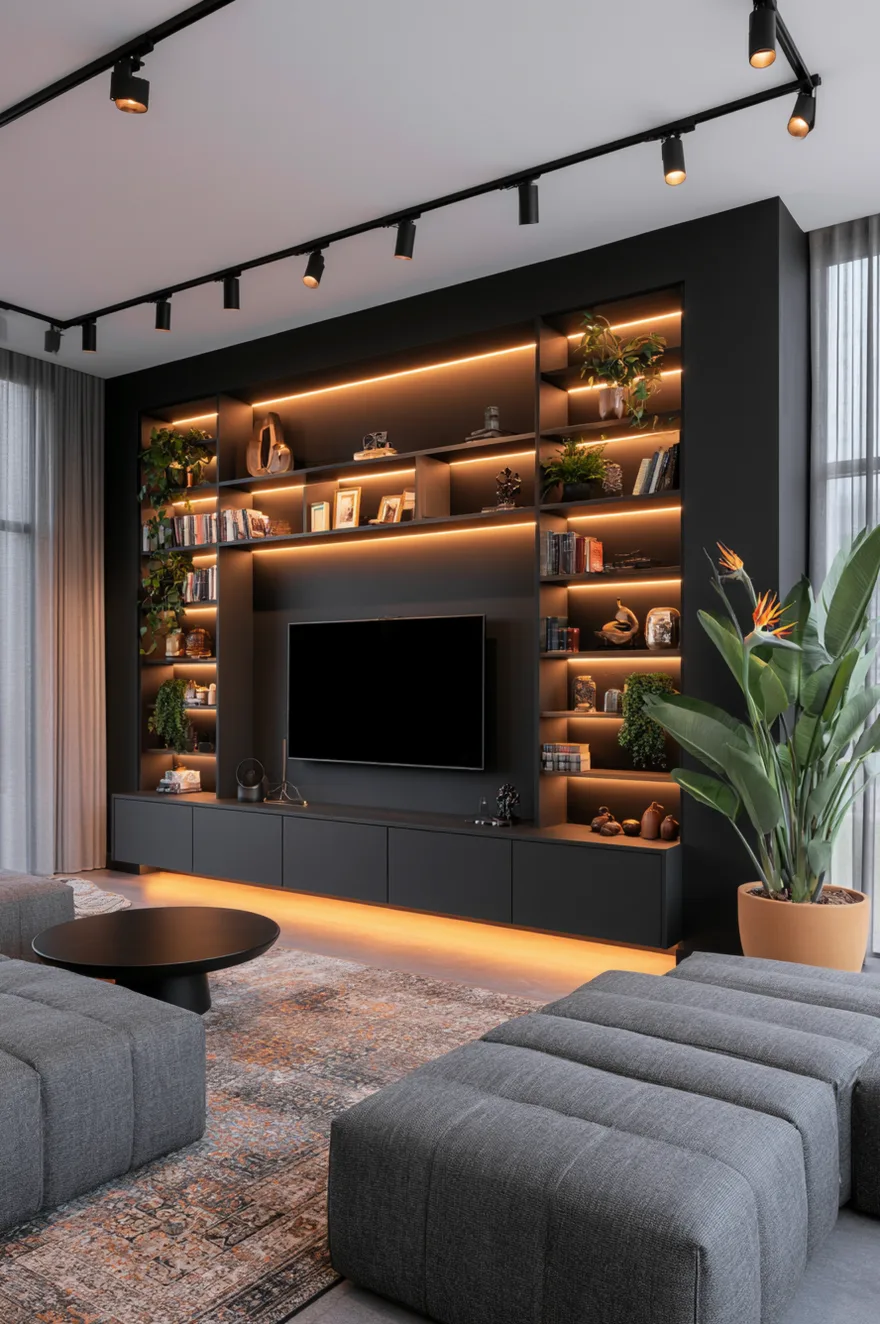 Matte black floor-to-ceiling custom built-in entertainment center with integrated warm LED lighting strips illuminating books and decor around a mounted TV.