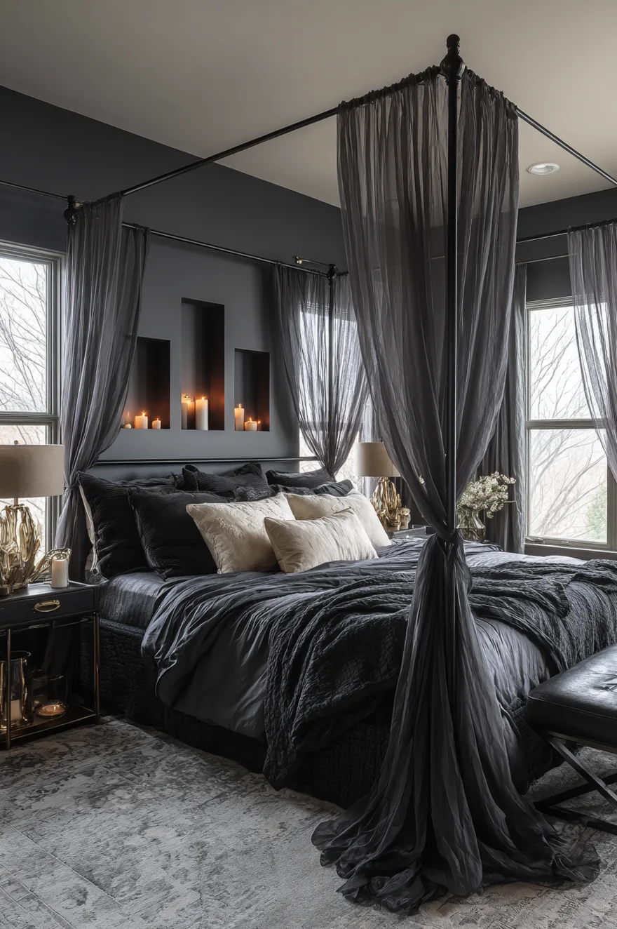 Black metal canopy bed frame with sheer white curtains draped around it, moody purple bedroom background with string lights.