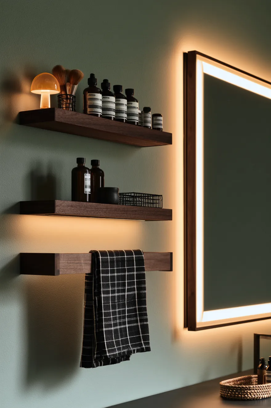 Three dark walnut floating shelves on a sage green wall next to a glowing LED mirror, holding a small amber mushroom lamp, skincare bottles, and a black and white plaid hand towel.