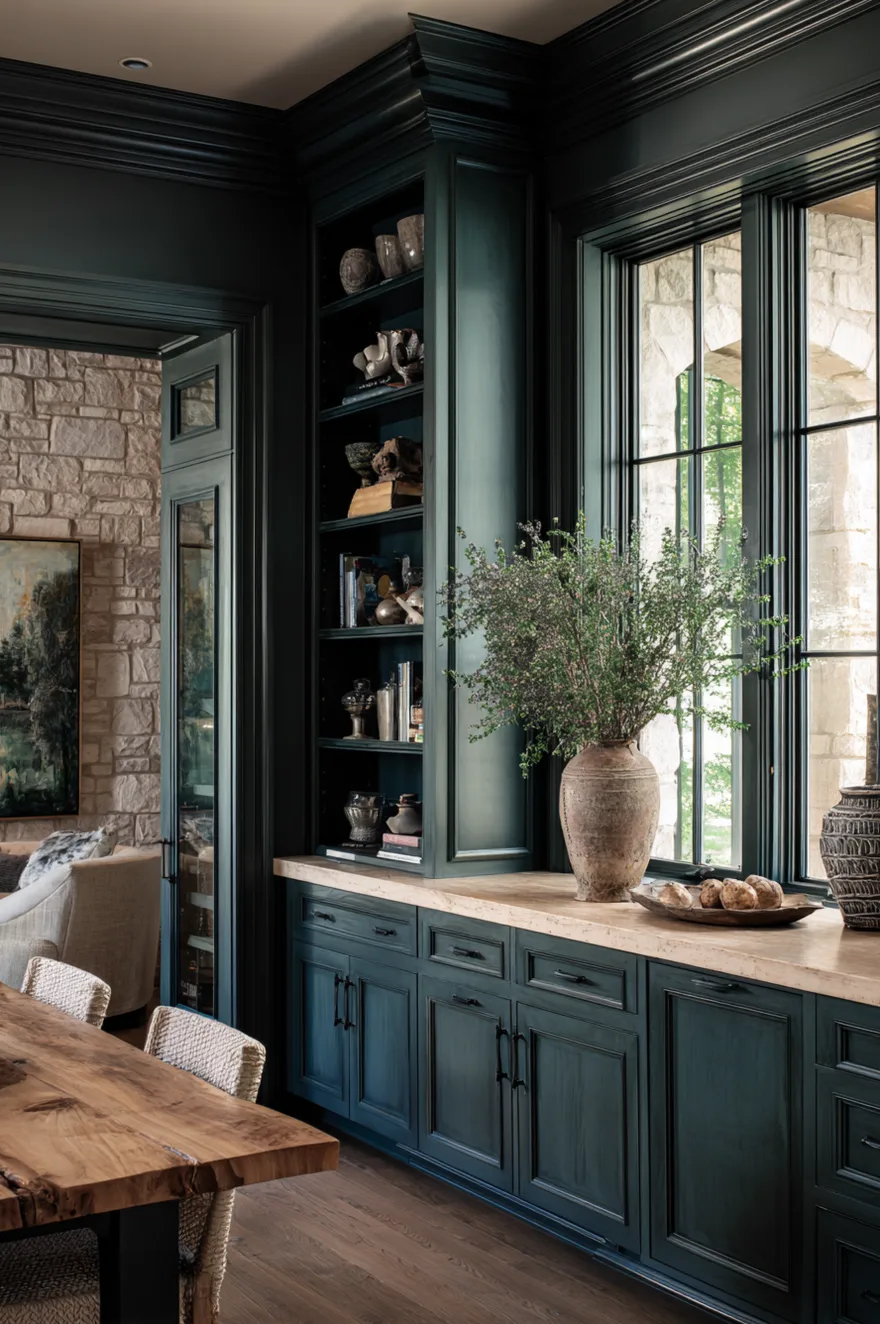 A moody and sophisticated room featuring deep teal or forest green floor-to-ceiling built-in cabinetry with a library-style ladder. The cabinets are topped with a thick, light-colored natural stone counter. Large windows with matching dark trim look out onto greenery, and the adjacent wall is made of light-colored rustic stone.