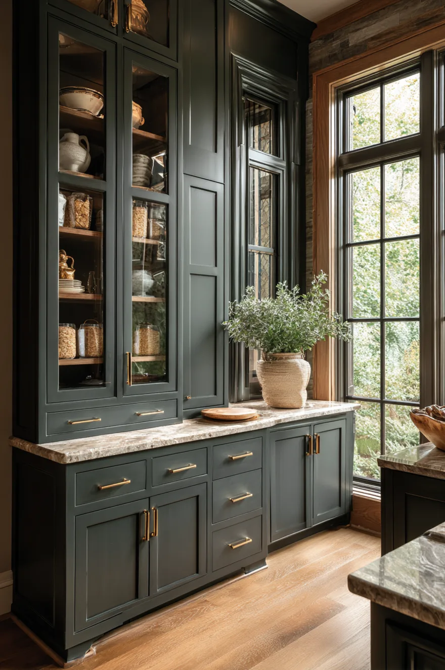 A close-up of dark charcoal or forest green cabinets with glass upper doors revealing white ceramics and organized jars. The cabinets feature elegant gold hardware and a light marble countertop. A large olive tree in a woven basket sits on the counter next to a window, bringing a natural touch to the refined space.
