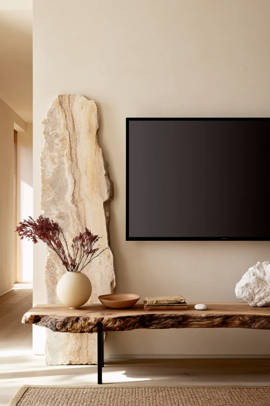 Warm white plaster accent wall with a flush-mounted television screen. A large, unpolished natural travertine stone slab leans against the wall to the left as an organic, sculptural art installation. Below sits a long, thick live-edge wood timber bench console with slim black metal legs, styled with a round cream ceramic vase holding dried red limonium stems, a shallow terracotta dish, stacked antique books, a small river stone, and a raw white mineral rock sculpture on the far right. A textured woven jute rug grounds the floor.