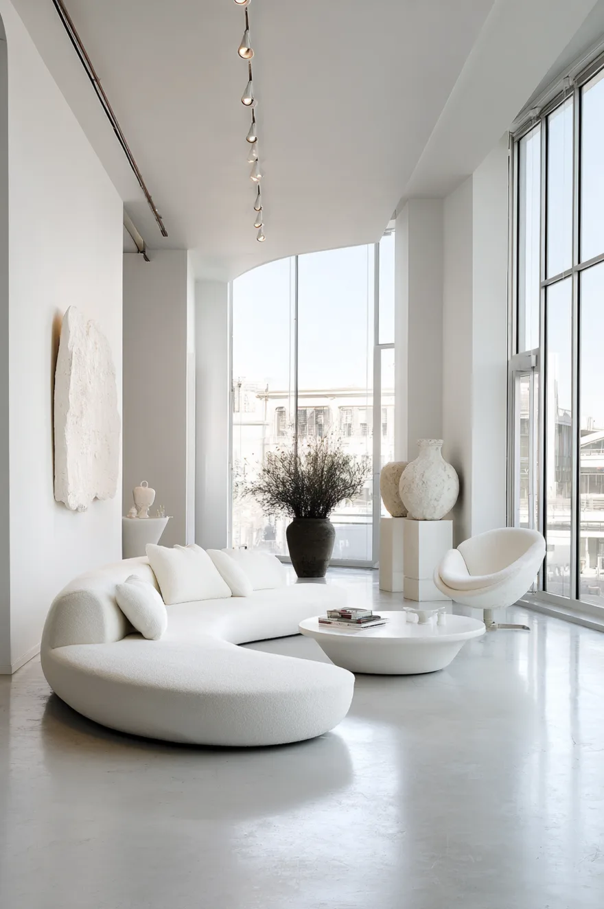 Minimalist white living room with high ceilings featuring a large white curved sculptural sofa and abstract wall art.