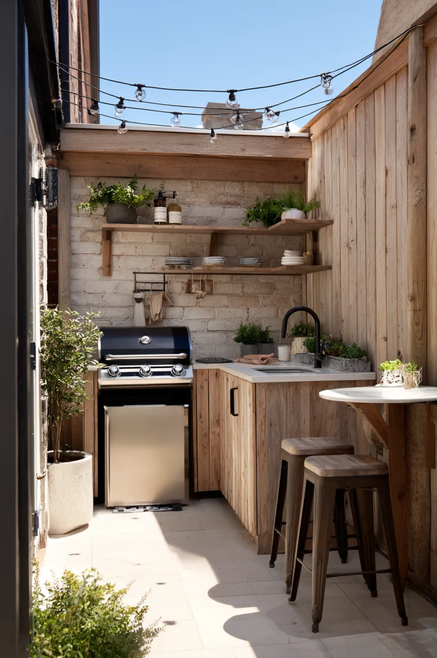 Compact linear outdoor kitchen on a concrete patio with wood-paneled cabinets, white countertop, built-in grill, open wood shelving with glasses, and two black metal barstools.