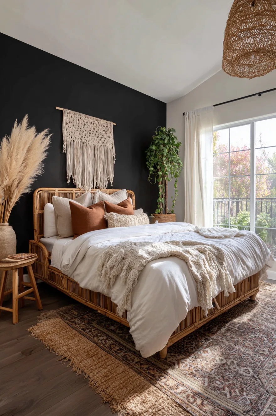 A bohemian bedroom featuring a matte black accent wall with a large macrame wall hanging above a rattan bed. The space is styled with white bedding, rust orange pillows, tall pampas grass, and a large potted plant next to bright windows.