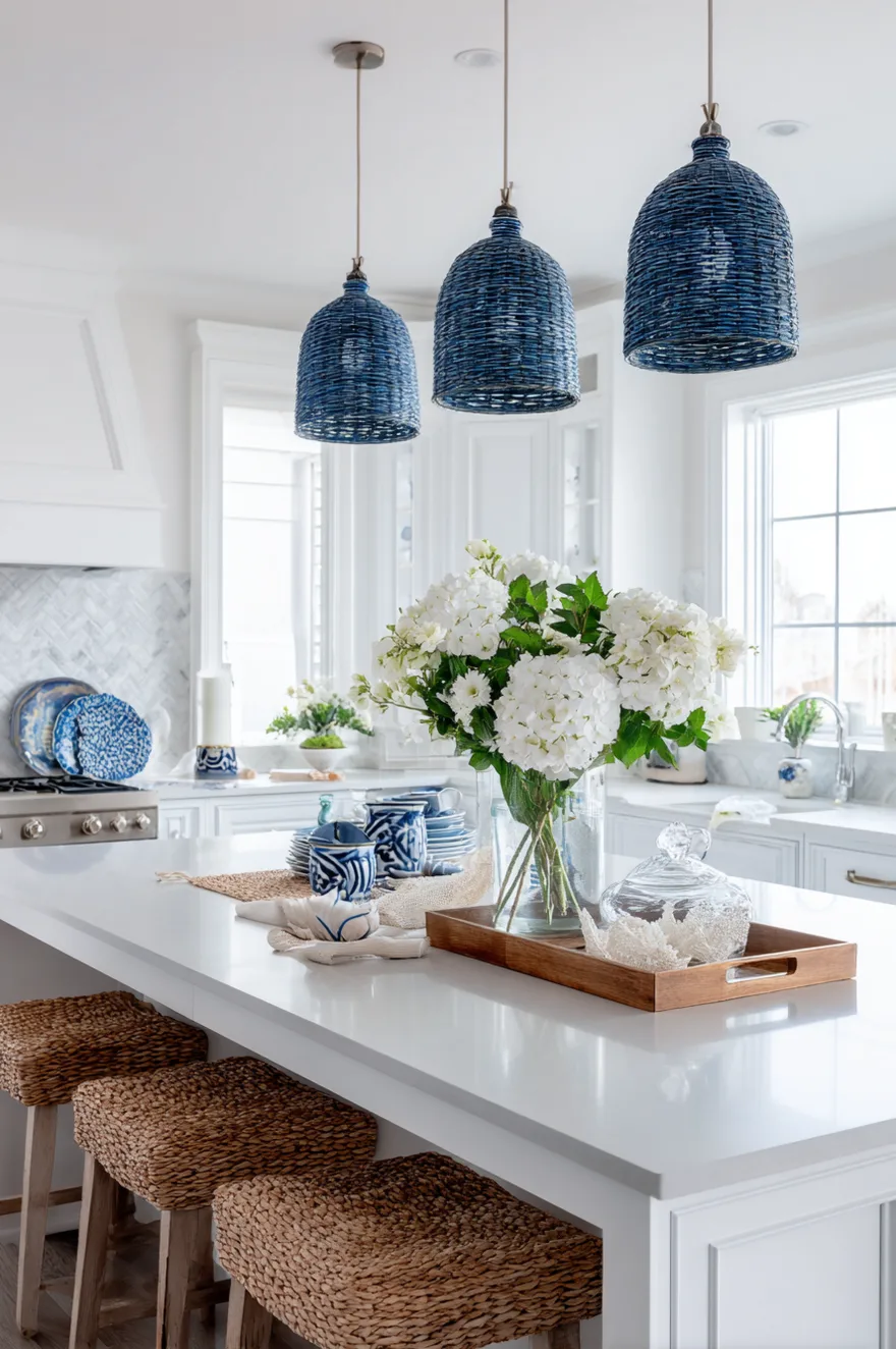 Textured navy blue woven kitchen pendant lights over island adding contrast to a white kitchen with blue accents.