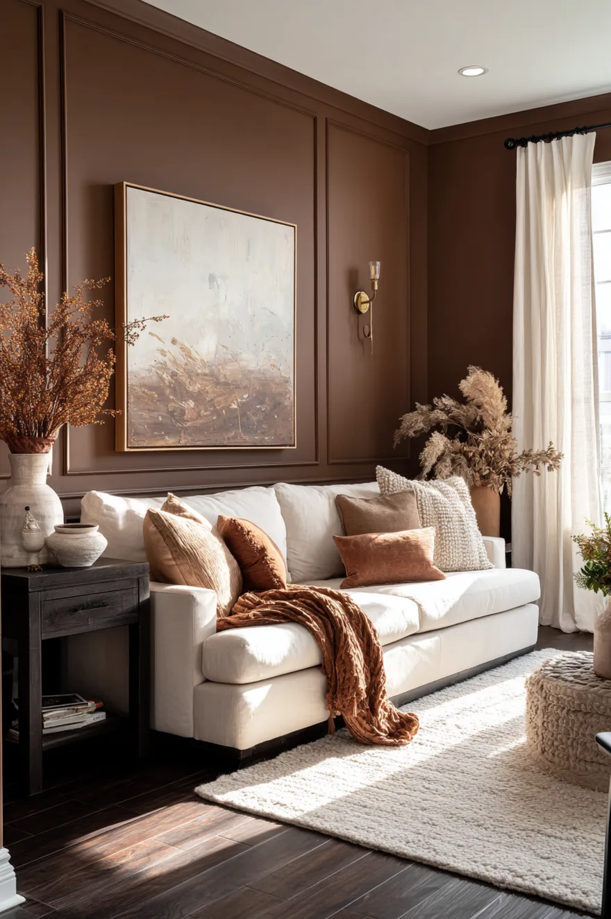 A moody living room with textured deep chocolate brown walls, a cream sofa with decorative pillows, a dark wood coffee table, and a geometric patterned rug in brown and white tones.