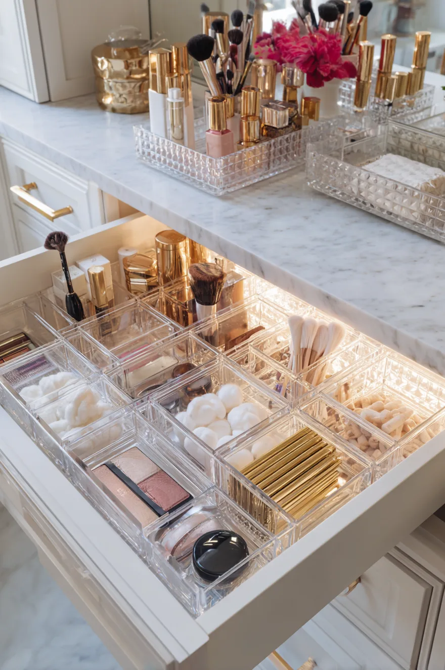 A top-down view of an open light oak bathroom drawer. It is filled with various sizes of clear acrylic storage bins. The bins neatly hold cosmetics, skincare bottles, compacts, and lipsticks. Warm ambient lighting illuminates the drawer's contents against a white countertop.
