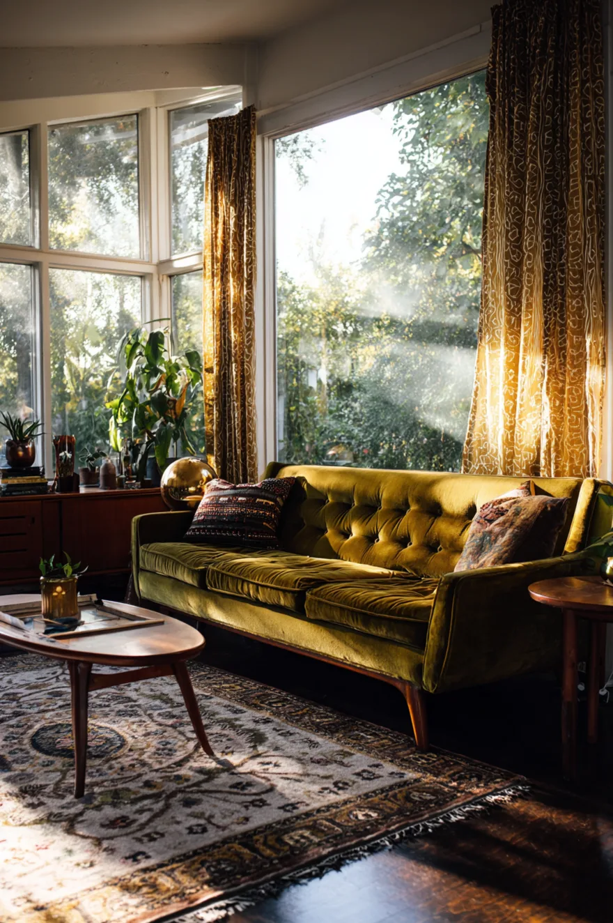 A mid-century modern living room with a green velvet tufted sofa facing an oval wooden coffee table with a lower shelf. Large windows are framed by patterned gold curtains, with a vintage patterned rug underneath the furniture.