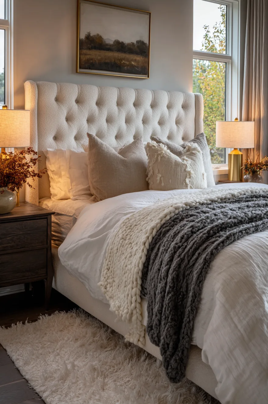 Cream tufted upholstered headboard with a bed layered in white sheets, neutral linen pillows, and a chunky dark grey knit blanket. A dark wood nightstand holding a gold table lamp sits next to the bed above a fluffy white textured rug.