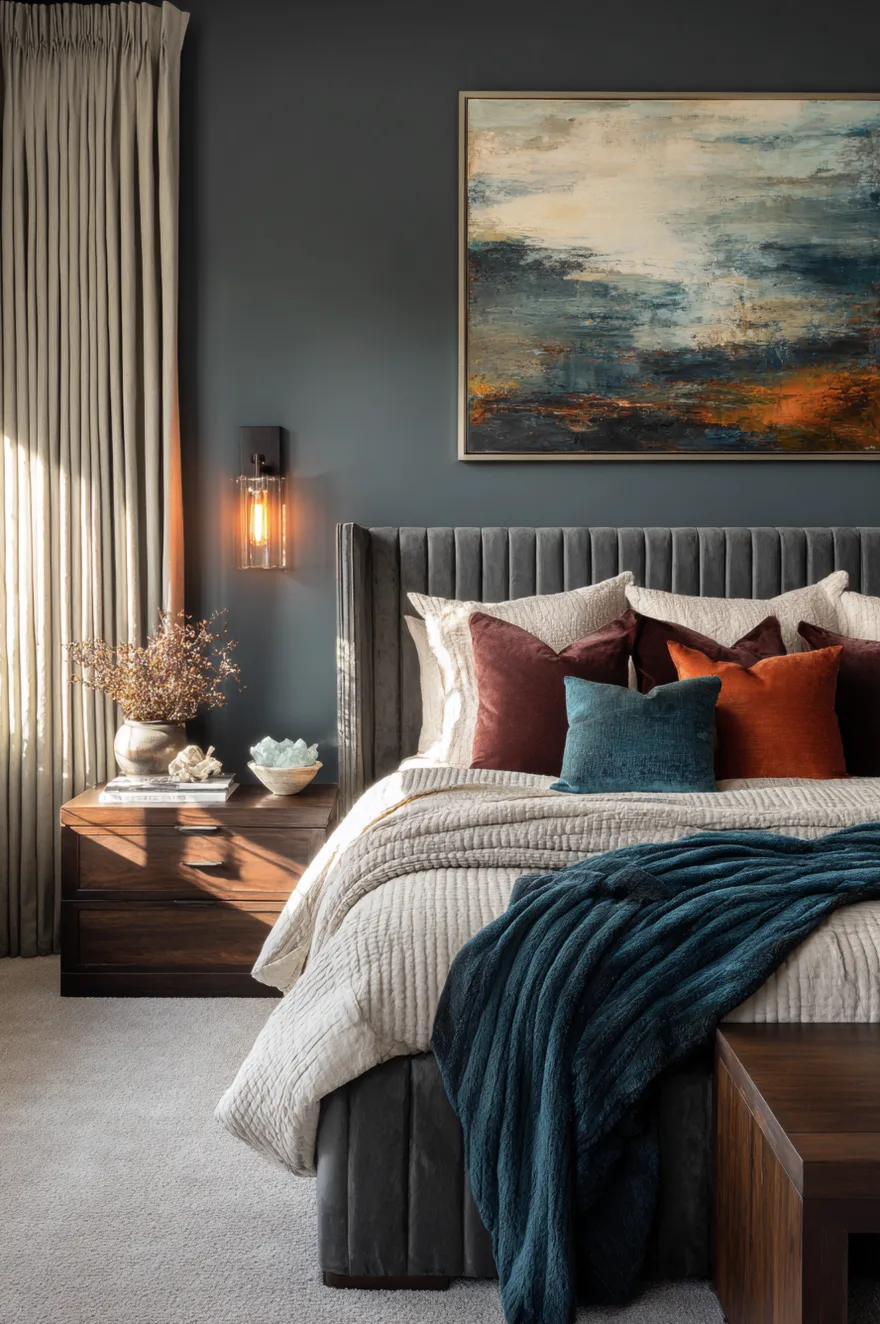 A moody bedroom with dark charcoal walls and a tall gray channel tufted headboard. The bed is styled with deep burgundy, rust, and teal pillows, along with a dark teal blanket. A warm amber glass sconce illuminates the dark wood nightstand.